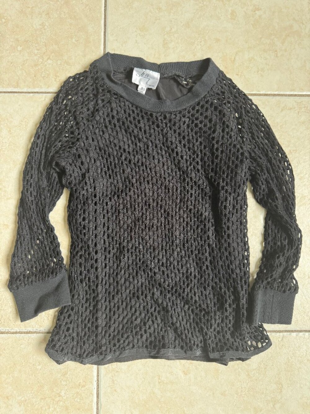 milly of new york black open knit mesh long sleeve top